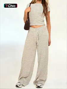 Women's 2pcs Striped Crop Top & Wide-Leg Pants Set , Casual Soft Stretchy Fabric & Matching Horizontal Stripe Pattern & Slim-Fit Short-Sleeve Silhouette & Cropped Length  & Elastic Drawstring Waist & Flowy Oversized Wide-Leg Pants