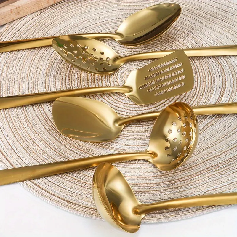 6pcs Korean-Look Gold-Plated Stainless Steel Kitchen Utensil Set - Thick, Durable Tools with Slotted Tips, Spatula, Slotted Spoon, Soup Ladle, Slotted Ladle, Food Tongs for Home Cooking