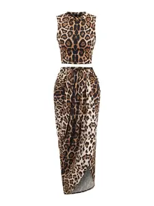 Two-piece Set Women's Leopard Print Sleeveless Crop Tank Top & Skirt, Casual Fashion Cozy Set, Casual Matching Set for Daily Outdoor Wear, Women Clothes for Spring Fall, Womenswear Lady