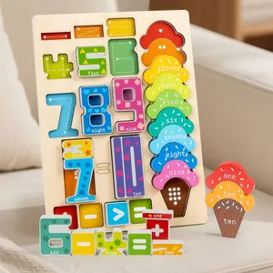 Wooden Multifunctional Ice Cream Number Building Blocks Toy, Number Counting Blocks, Color Shape Matching Board, Math Learning Toy for Kids, Stem Education