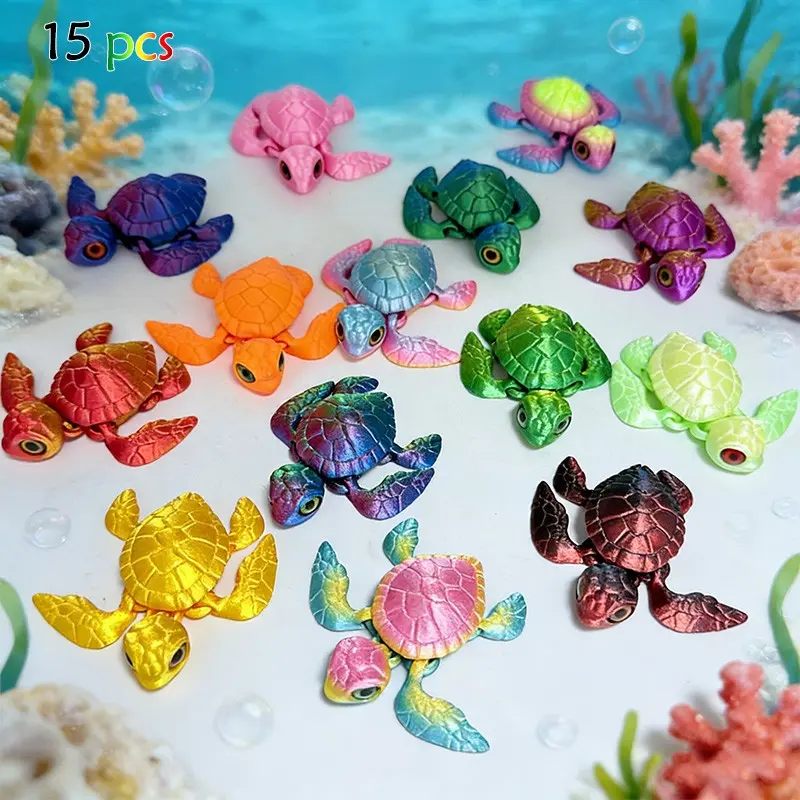 15-Piece 3D Printed Turtle Set, Multiple Colors, Home Desktop Decor, Aquarium Theme, Thanksgiving Halloween Christmas Gifts, Decor Figurine Ornaments, Decorative Figurines