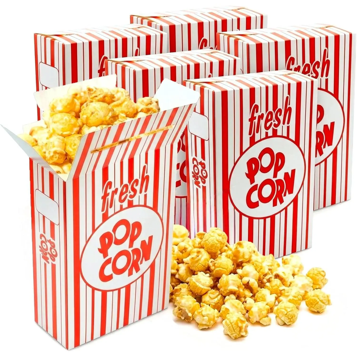 100-Pack Large Fold-Top Disposable Paper Popcorn Containers, 6x2.5x8.5" (6" L x 2 1/2" W x 8 1/2" H), Red and White Stripes, for Movie Night Home & Festive Party Supplies