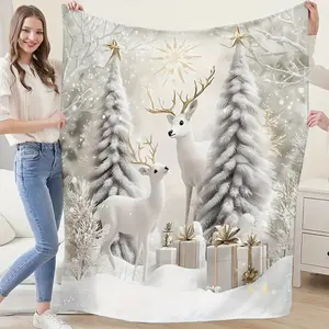 Cozy Christmas Throw Blanket - Super Soft Fleece with Festive Reindeer & Tree Design, Perfect for Couch or Bed, Machine Washable, All-Season Comfort, Christmas Decor