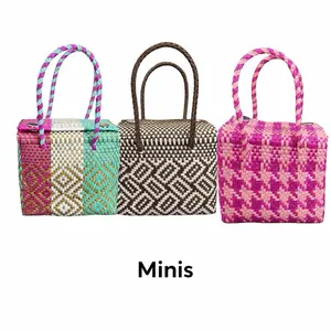 Mini Loncheras - Handcrafted Plastic Hand Bags Made in Mexico Eco Friendly Purse with Magnetic Buckle Closure Handwoven Recycled Material Unique Striped Design