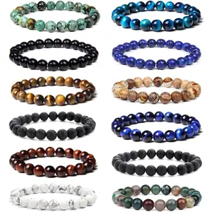 Stones Bracelet Set - 12Pcs 8mm Round Bead Stretch Bracelets for Women & Men Tiger's Eye Lava Rock Onyx White Turquoise High-Quality Elastic Band Comfortable Stylish Gift