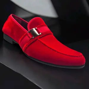 Men Red velvet Loafers silver buckle
