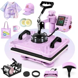 AKEYDIY Purple Pink Heat Press Machine 5 in 1 for Tshirts, Heat Transfer Machine, 15''x12'' Heat Printing Press for Sublimation Combo with 360° Swing Away for Hat Cap Mug Plate,Christmas Gifts for DIY Lovers,Mother's Day Gifts