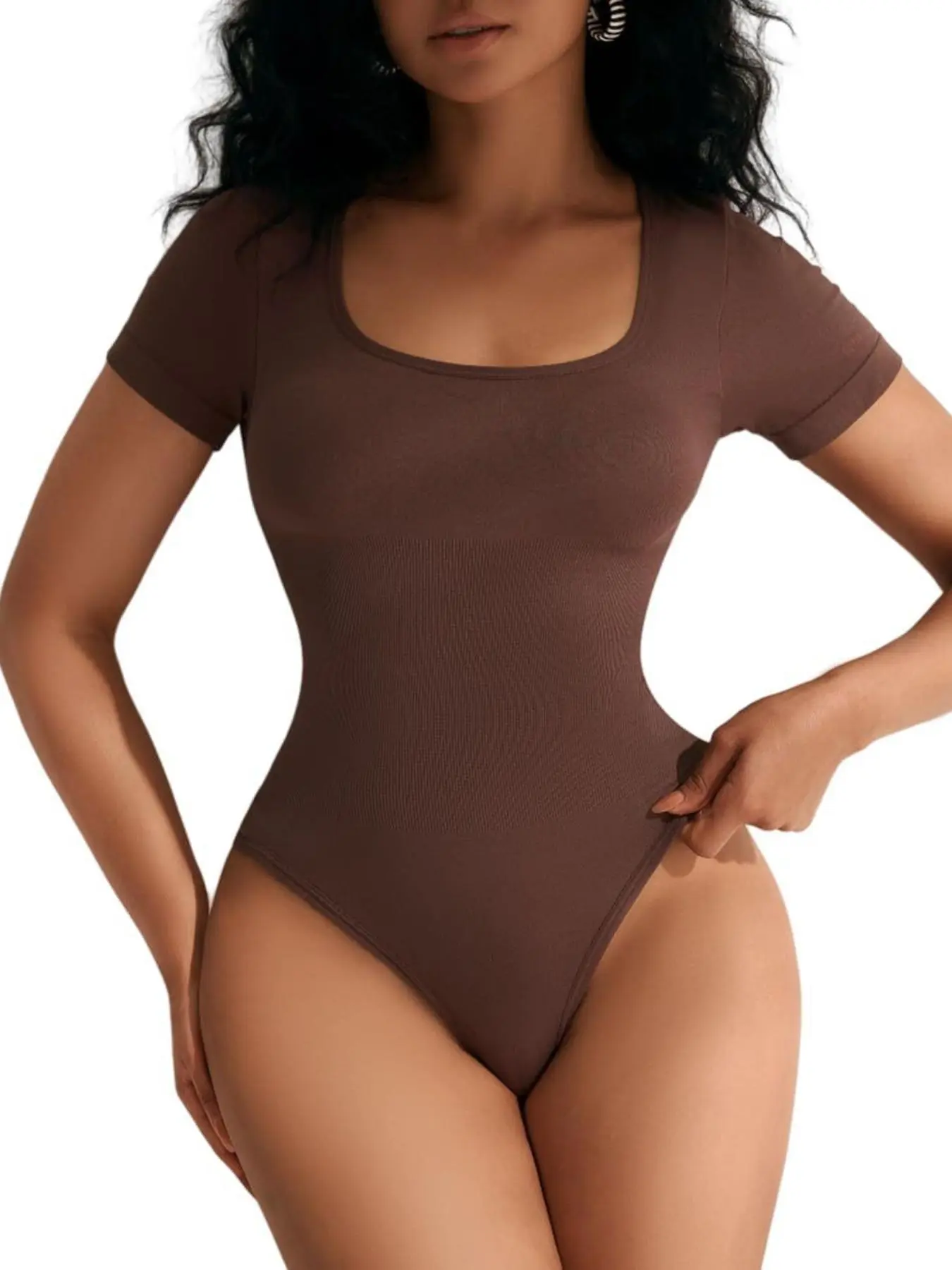 Women's Solid Square Neck High Waisted Shapewear Bodysuit, Seamless Short Sleeve Comfy for Daily Wear, Summer Compression, Body Shaper Shapewear, Faja Compression