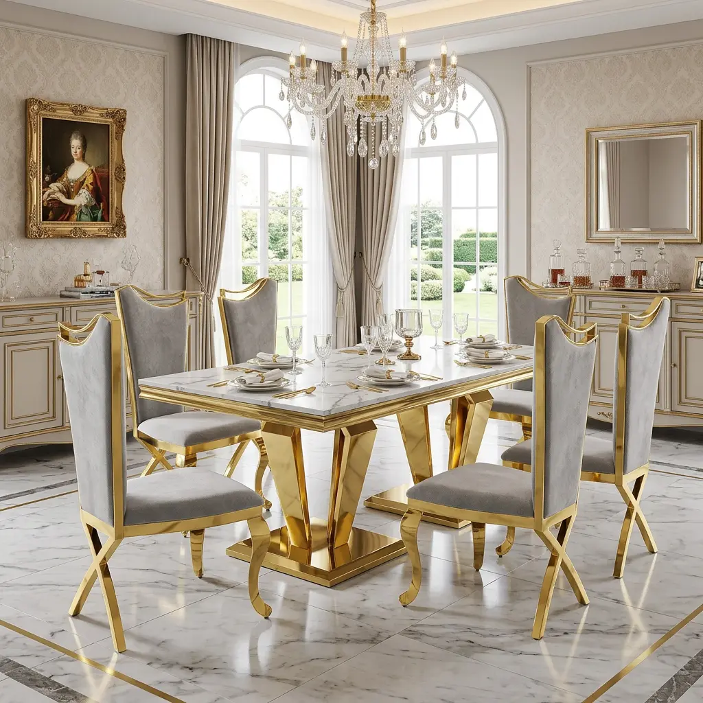 7 Piece Dining Set, Modern Luxury Dining Room Furniture with White Faux Marble Table and 6 Grey Velvet Upholstered Seats, Gold Metal Legs, Elegant Kitchen Furniture Set for Family Meals, Contemporary Home Decor, Spacious Indoor Dining Arrangement