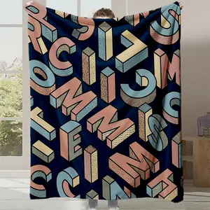 1pc Plush Blanket with 3D Block Letter A-Z Alphabet Print - Multicolor Pink/Beige/Navy Blue/Teal - All-Season Soft  Warm Haven Textiles