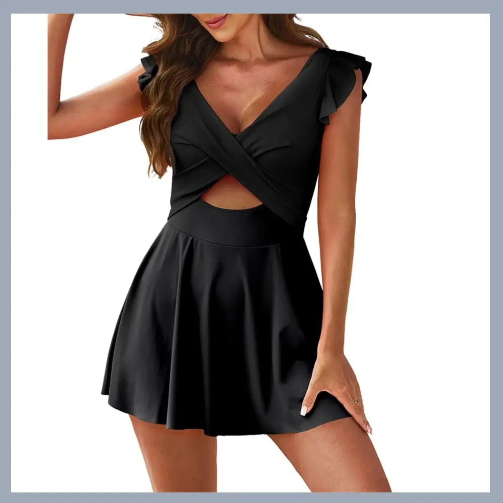 Women's Sexy Ruffle 1-Piece Swimdress - Halter Neck, Crisscross Back Cutout, Skirted Bathing Suit for Beach Vacation, Pool Party - Asymmetrical Cutouts Swimdresses, Swimsuit For Women