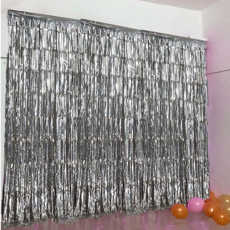 8ft Silver Metallic Tinsel Foil Fringe Doorway Curtain, Festive Party Backdrop & Banner, Banners