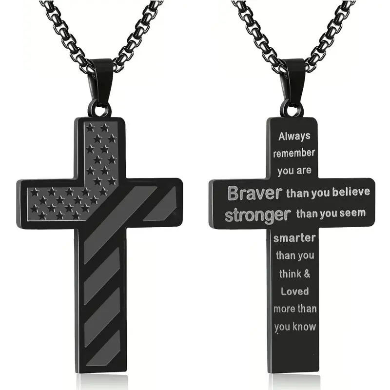 Men's American Flag Cross Necklace - Stainless Steel Statement Jewelry, Engraved Bible Verse, 20-24 in Adjustable Chain, Dual Meaning Casual Unisex Spiritual Accessory