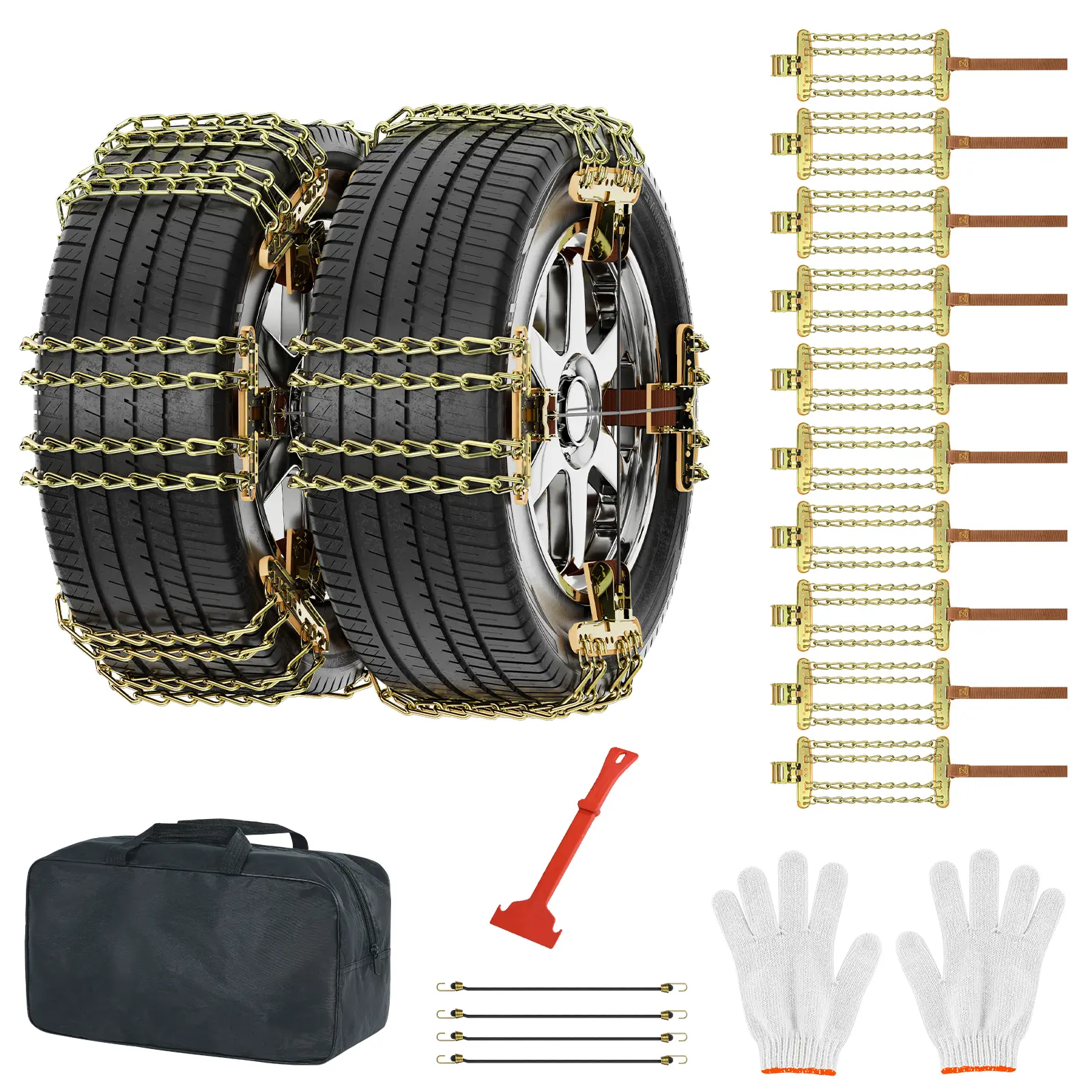 Nuadacaa 10-Pack Heavy-Duty Anti-Slip Snow & Ice Tire Chains, Universal Adjustable for 215-285mm Width, Portable, Boosts Driving Safety & Reliability