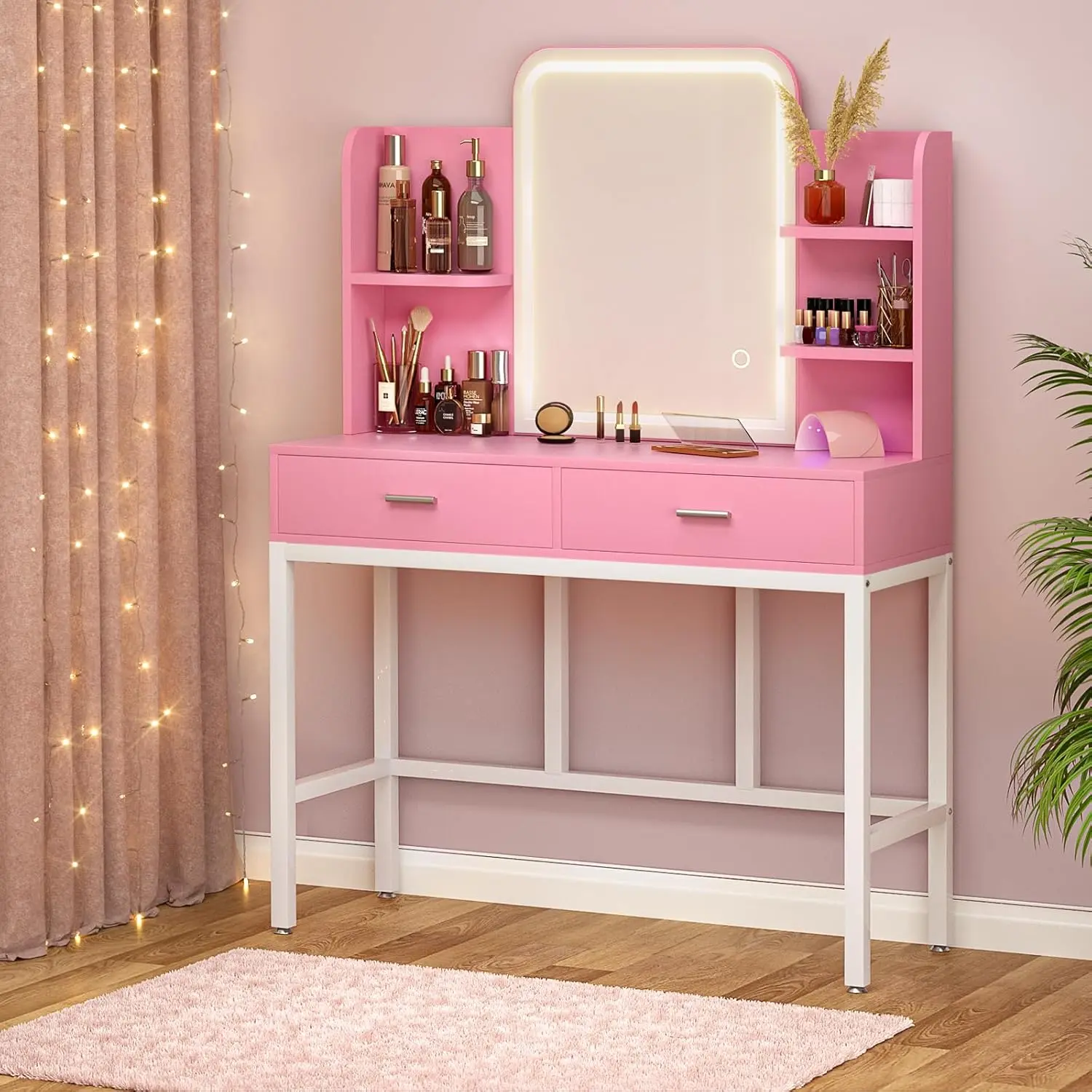 Unikito 33.7" Makeup Vanity Desk with Power Outlet, White and Black Indoor Furniture with Lighted Mirror, Ample Storage for Small Rooms