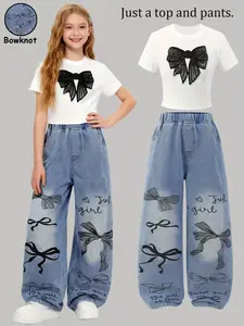 Teen Girl Clothes Set, Bow Short Sleeve Top & Washed Denim Jeans, Casual Fashion for Girls Aged 3+, Clothes Kids, Spring Summer