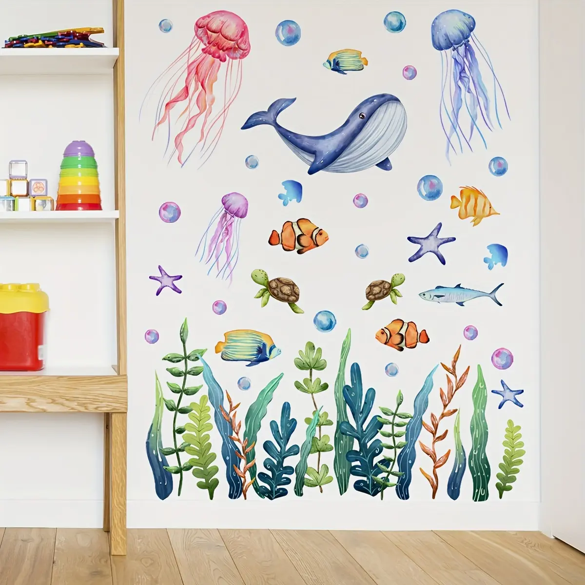 A set of 2 underwater animal decorative wall stickers featuring whales and jellyfish, suitable for decorating rooms and living rooms, Decoration Items, Home Decor, Wall Decal