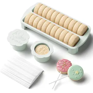 Cake Pop Cutter and Pusher Kit Non-3D Printed 1.75” Round Cake Pop Mold High-Capacity Dual-Cavity Tray Set with 100 Pcs Cake Pop Sticks Dishwasher Friendly White