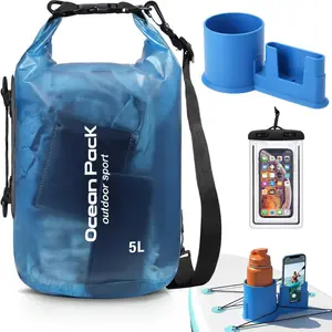 Outdoor Sports Waterproof Dry Bag,Paddle Board Accessories Include 5L Waterproof Dry Bag for Women Men 2-in-1 Paddleboard Cup Holder Waterproof Phone Case Roll Top Lightweight Storage Bag for SUP Kayak Boat Boating Accessory