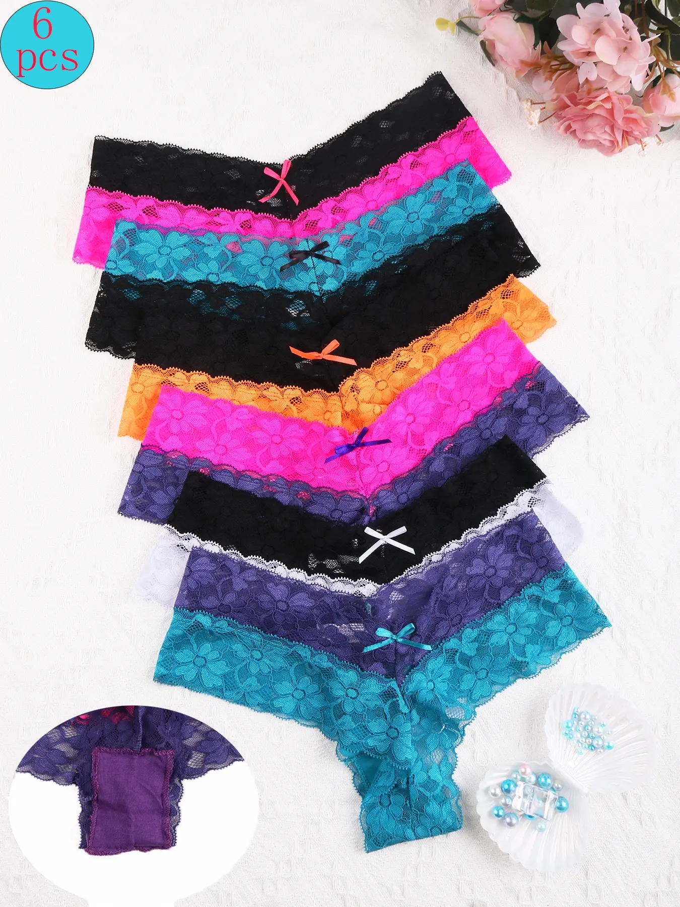 Elegant Lace Trim Fitted Panties Set, 6 Pcs, Perfect for Romantic Nights, Comfortable & Stylish, Ideal Gift for Special Occasions，valentine's day