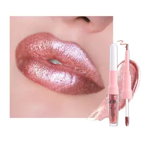 Rose Gold Metallic Lip Liner and Lipstick Combo Lip Gloss Tints Stain Set Makeup for Women Long Lasting Waterproof 24, Light Pink Metallic Glitter Shimmer Iridescent Liquid Lipstick lippies Lip Gloss