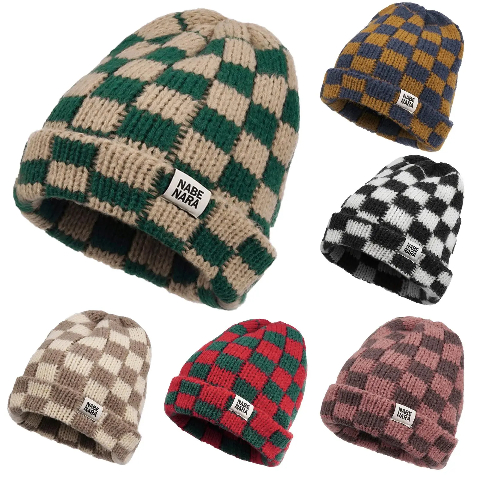 Beanie for Men & Women, Chunky Knit Checkerboard Cuffed Hat - Soft, Warm & Thick Skull Cap for Cold Winter Weather