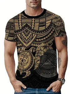 Men's Big Tall Geometric Ethnic Animal Print Fitted T-Shirt, Casual Comfortable Round Neck Short Sleeve Top, Fashion Long Clothing for Daily Wear