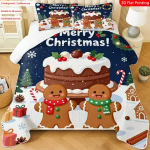 3 pcs, 2D Flat Print Christmas Gingerbread Cake Pattern Bedspread Set, Soft and Comfortable, Multiple Sizes Available, Suitable for Gifting and Daily Use, Ideal for Creating a Cozy Home Atmosphere(1 bedspread , 2 pillowcases)