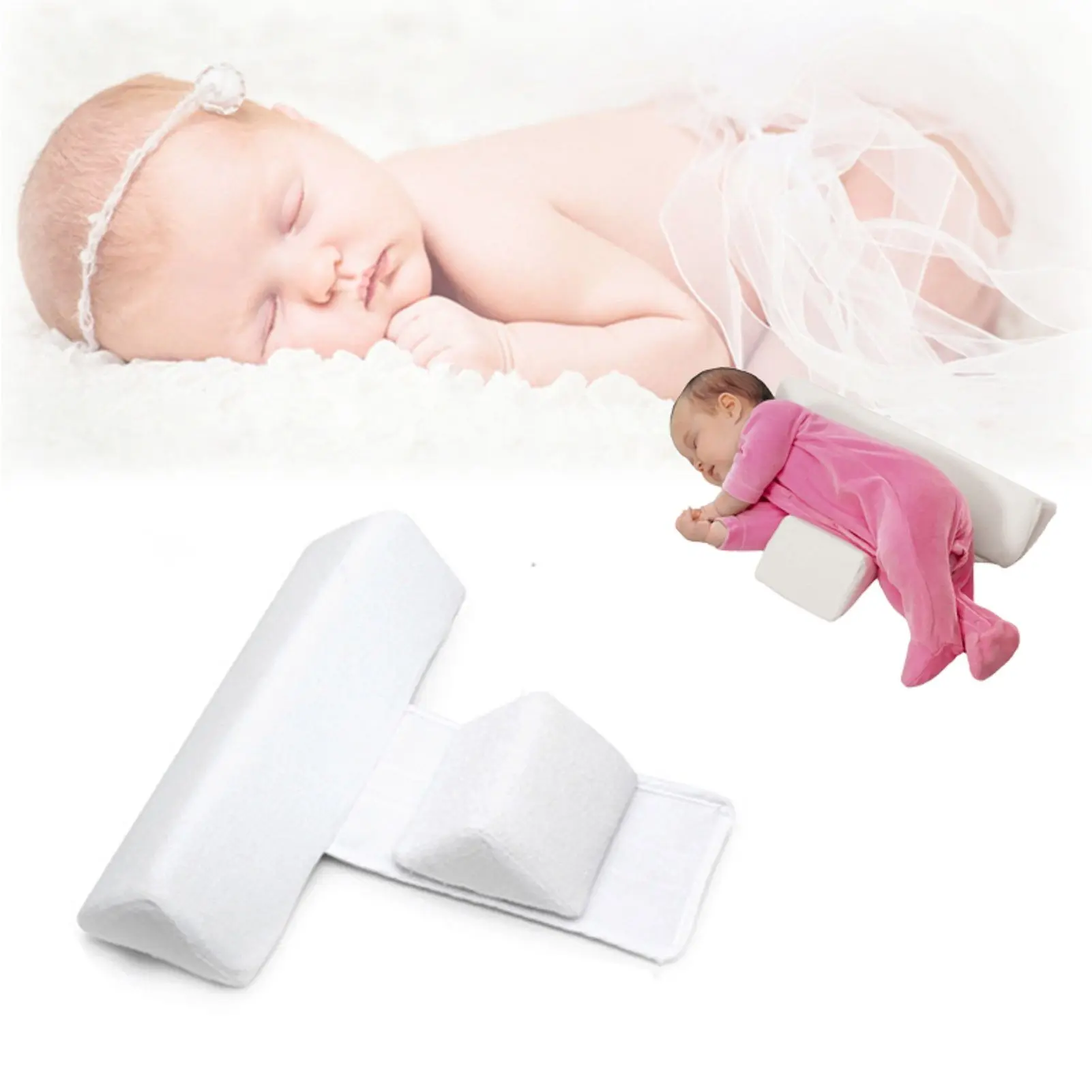 Baby Side Pillow, 45° Inclined Triangle Support Pillow With Invisible Zipper, Removable Pillowcase New Pillow Nursing（White）