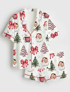 Retro Coquette Christmas Satin Family Pajama Set, Custom Matching Holiday Crew Long Sleeve Pants, Cute Short Sleeve Shorts Set Winter Gift