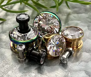 PAIR of Beautiful Clear CZ Gem Steel Screw Fit Tunnels/Plugs - Gauges 8g (3mm) thru 3/4" (19mm)