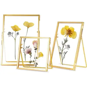 Glass Frame for Pressed  , Double Glass Floating Picture Frame Set, Brass Photo Frame, Standing Frame Set, Small Picture Frame, Gifts for Family, 4x4", 4x6", 5x7",