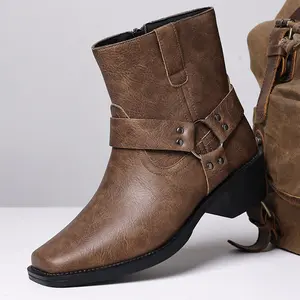 Men’s retro motorcycle mid-calf boots with buckle strap details, chunky heel for stability, stylish street style—casual boots for autumn/winter everyday wear.