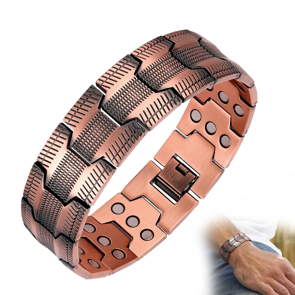Men's Tire Pattern Fashion Bracelet, Masculine Magnetic Bangle Jewelry with 3x Strength Magnets - Great Father's Day Gift Idea with Sizing Tool, Hypoallergenic Jewelry, Wide Link, Dimensions, Triple Link, Copper, Anniversary, Male, Adjustable Fit For A Sn