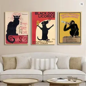 3pcs/set Frameless Modern Chat Black - Black Cat, Dog, Monkey Retro French Poster Wall Art Print Canvas Painting Posters for Living Room Home Decor