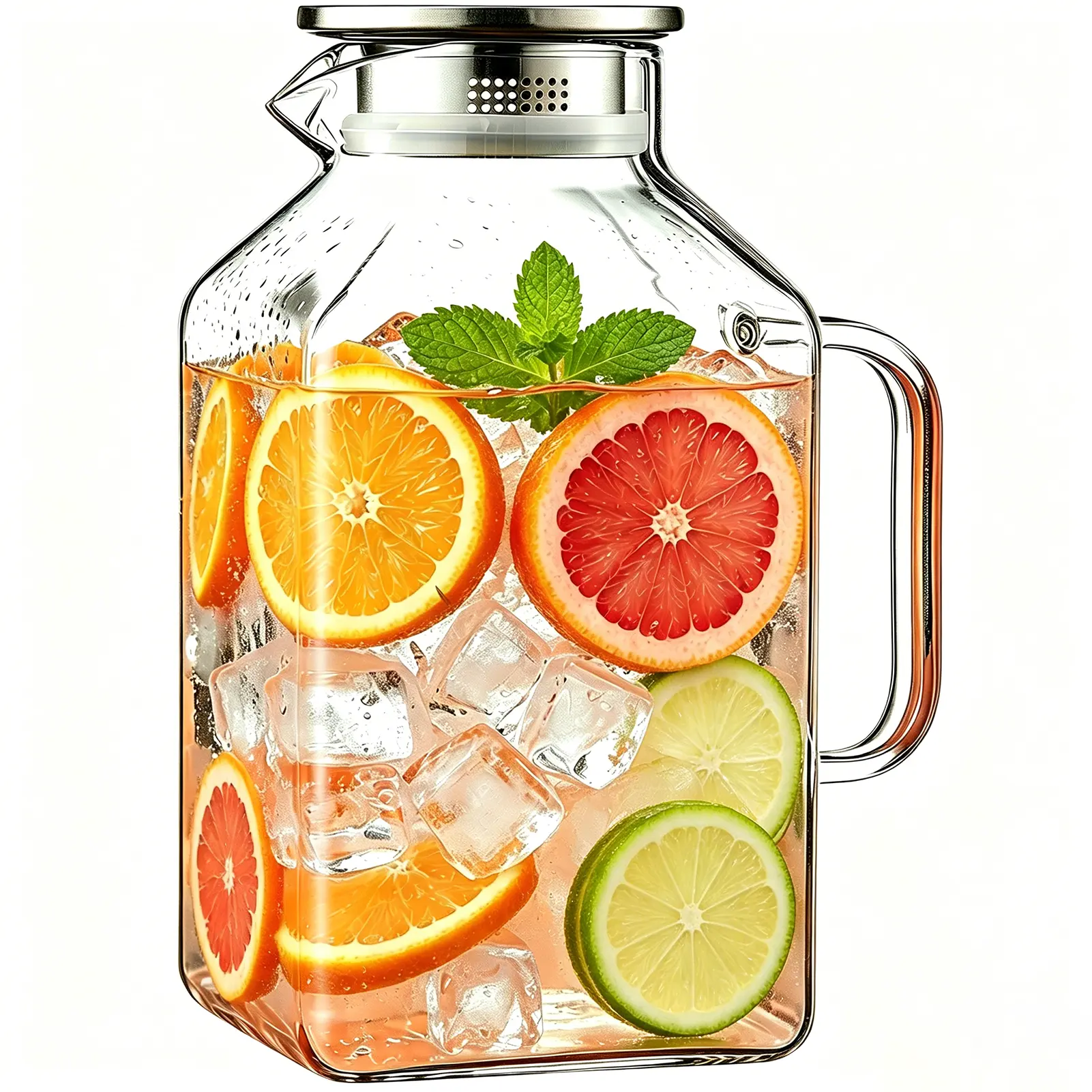 1 Gal Aesthetic Borosilicate Glass Square Pitcher-Kettle, Rectangular Wide-Mouth Drinkware with Lid, Spout & Handle, Dishwasher Safe for Hot/Cold Drinks, Fridge Storage, Rectangular Glass Pitcher Kettles & Jugs