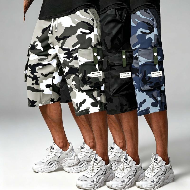 Men's Military-Inspired Camouflage Cargo Shorts - Menswear, Adjustable Loose-Fit, Above the Knee, Elastic Waist, Multiple Pockets, Cold Wash, Summer Casual Outdoor Use