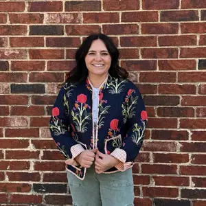 Sunset Jacket - Navy Cotton Floral Print Women's Reversible Button-Up Outerwear with Pockets Long Sleeve Casual