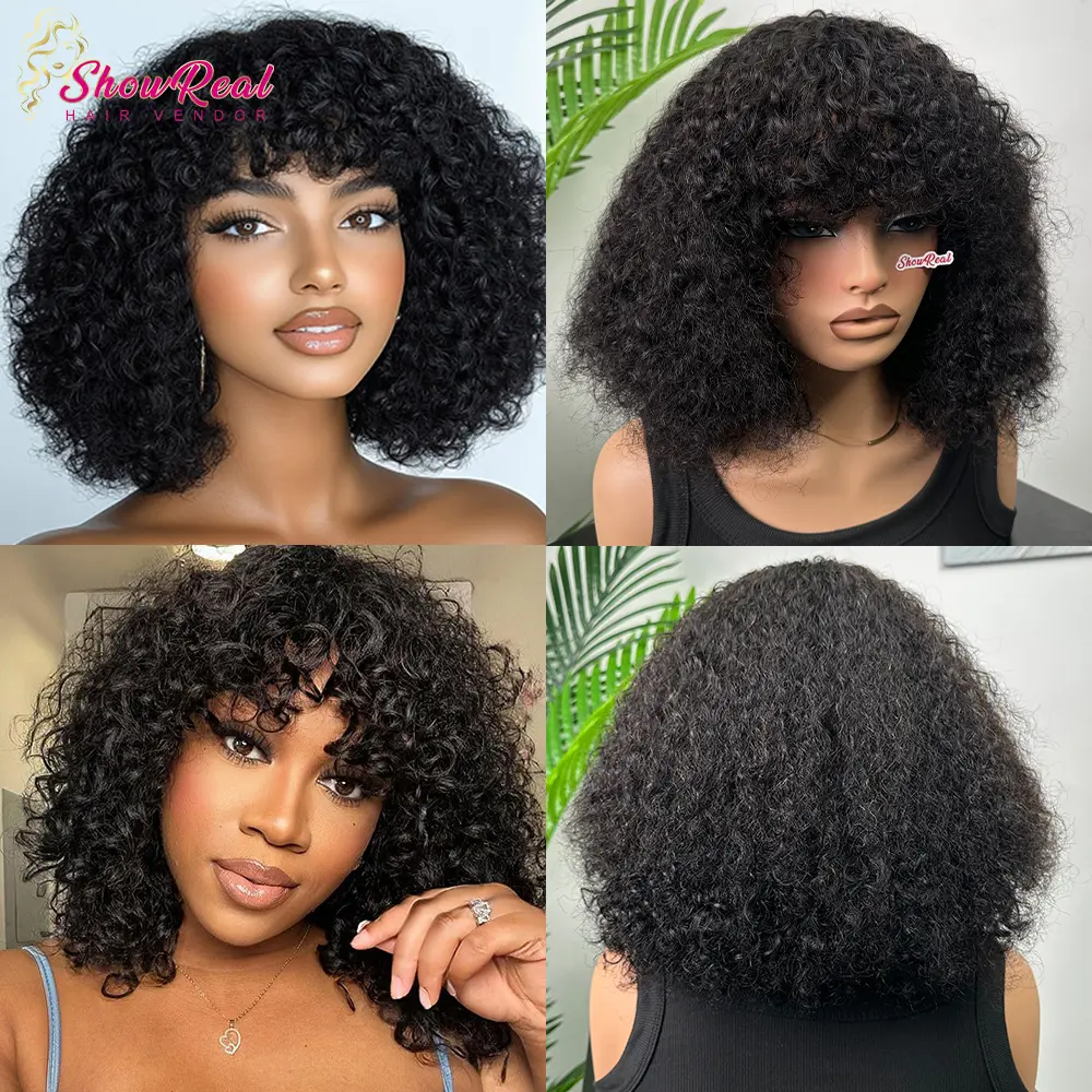 [NEW IN]ShowRealHair Short Curly Wig With Bangs 250% Density Full Machine Made Human Hair Kinky Curly Human Hair Wig With Bangs For Women Glueless Water Wave Human Hair Wig With Bangs