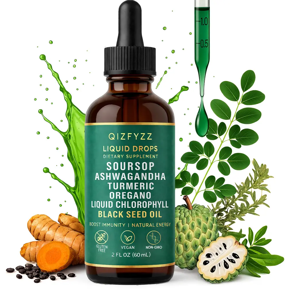 summervibes Qizfyzz Soursop Bitters Liquid Drops 10-in-1 with Nori Moringa Turmeric Black Seed Oil Oregano Ashwagandha Herbal Extracts for Overall Health Vegan Non-GMO 2 fl oz,summerwins