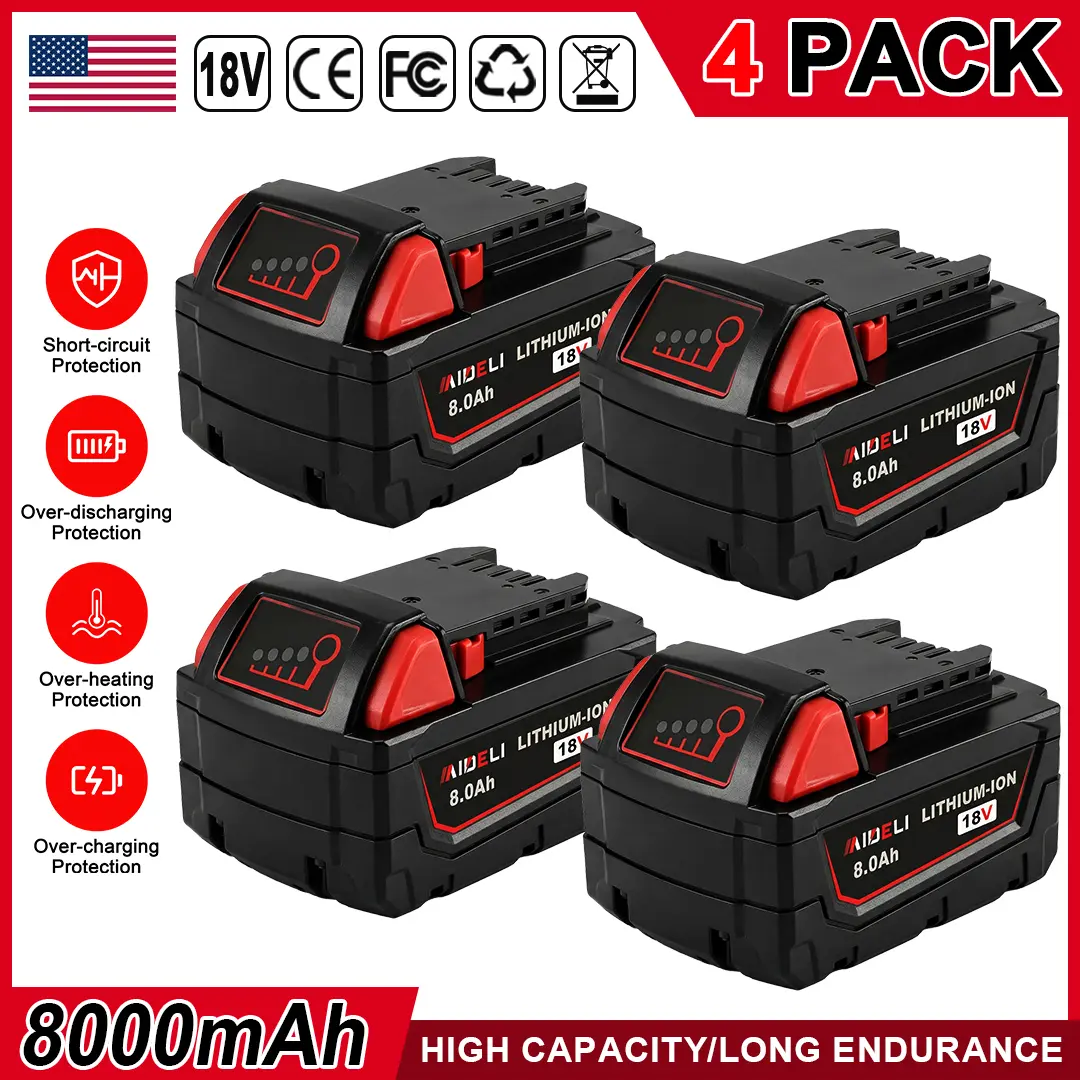 4Pack M18 8000mAh 18V Replacement Battery for milwaukee Replacing batteries with electric tools M-18Battery Pack Compatible with M-18 8.0Ah Lithium Battery 48-11-1890,48-11-1850,48-11-1828,48-11-1820,48-11-1815 Cordless Tools milwaukee battery Heavy Duty