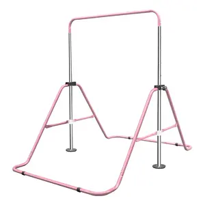 Pink Kids Adjustable Gymnastics Bar, 35–51 Inch 5-Level Height, Heavy-Duty Iron Folding Horizontal Bar, 140LBS Capacity, Stable Junior Training Bar for Indoor Home Gymnastics 3–9 Years Old