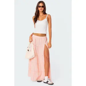 Tiered Eyelet Slitted Maxi Skirt