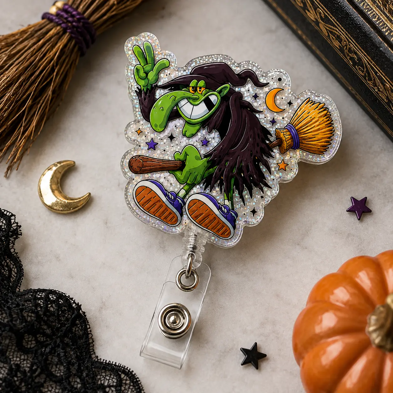 Cartoon Witch Badge Reel, Glitter Halloween Acrylic Badge Holder with Retractable Clip for Nurses and School Staff