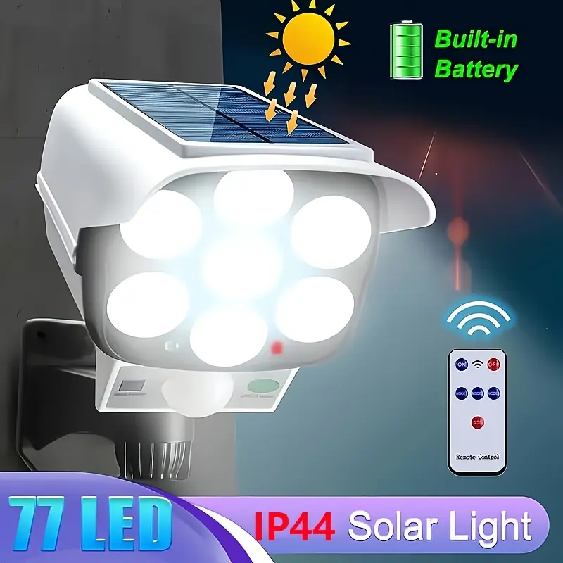 Dummy Security Camera with Solar Light - Motion Sensor & Remote Control, 2000 Lumens LED, 77 Beads Night Vision Spotlight, IP66 Waterproof, Wireless & Rechargeable Deterrent Light for Garden, Patio, Driveway