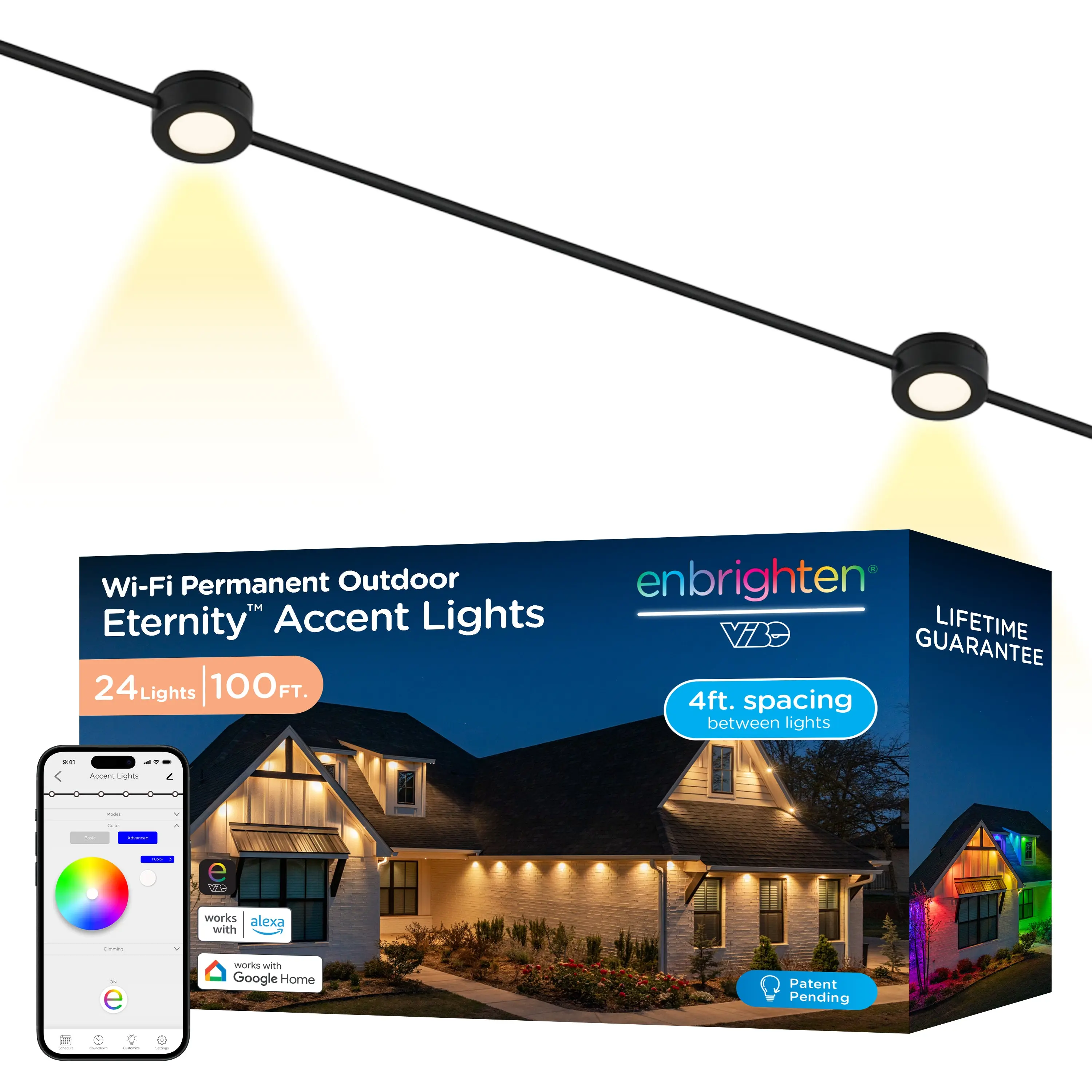 Enbrighten VIBE WiFi Color-Changing Permanent Outdoor Eternity Accent Lights, 24 Lights, 100ft. Black Cord