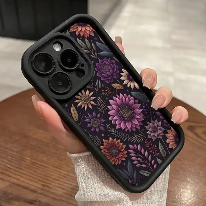Dark Flower Pattern Phone Case for iPhone 17 16 15 14 Pro Max 13 12 11 Air XR XS Plus Shockproof Drop Protection Rugged Durable Silicone Cover