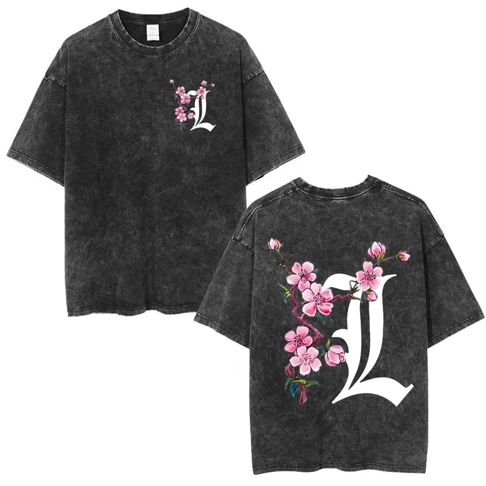 Vintage Washed Japanese hot Anime Death Note L·Lawliet T Shirt personality Clothes Unisex 7Oversized Suitable for all seasons tee