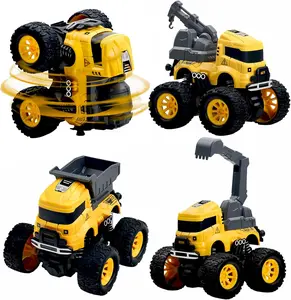 Construction Truck Toys for Kids 4 Pack Friction Powered Push & Go Vehicles Excavator Dump Truck Cement Mixer Crane Monster Stunt Cars Playset Birthday Gifts for Boys Girls Ages 3 7