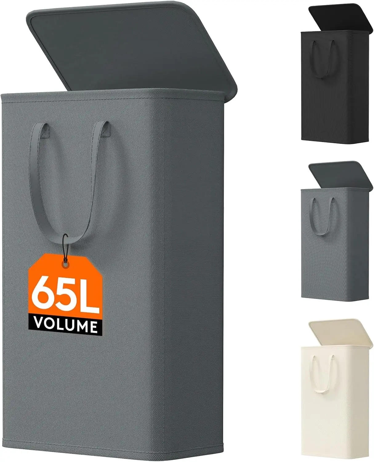 65L Slim Laundry Hamper, Small Laundry Basket with Lid, Dirty Narrow Collapsible Clothes Storage with Easy Carry Extended Handles, Tall Hampers for Bedroom Laundry Room, Gray, 1 Pack